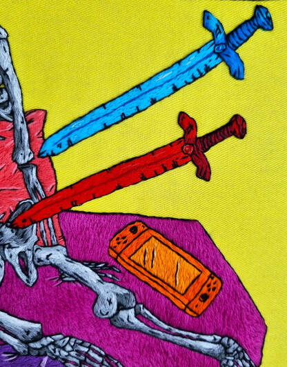A hand embroidered orange Nintendo Switch lays on a fuchsia bed beside a greyscale skeleton. A red and blue sword point at the skeleton.