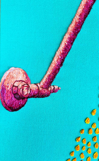 Detail image of a hand embroidered bright pink shower